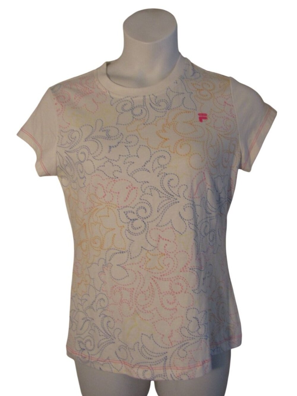 Fila Sport L White Tee Shirt Top Blue PInk Orange Fleur De Lis